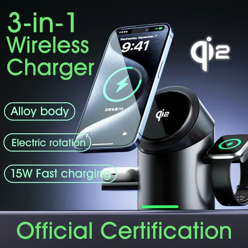 15W 3 In  Magnetic Autorotation AI Wireless Charger For iPhone